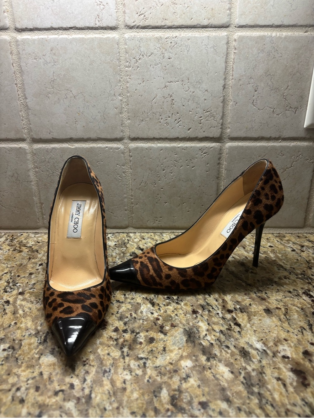 Jimmy Choo Leopard-Print Pumps with Black Patent Pointed Toe - Picture 2 of 9